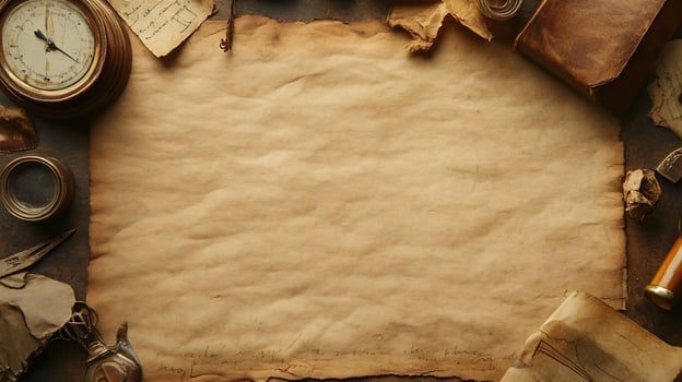 Antique paper with vintage objects and old documents photo