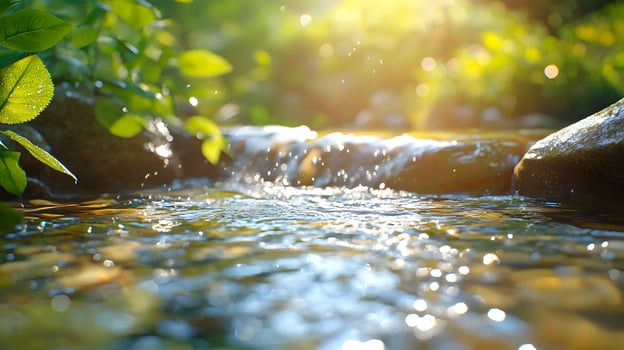 Nature scene depicts serene flowing stream with smooth river rocks, featuring crystal-clear water reflecting sunlight, surrounded by fresh green leaves in misty morning atmosphere. natural photo