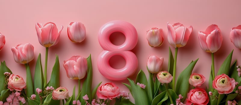 Colorful pink flowers and a pink number eight on a pastel background for celebrations in spring photo
