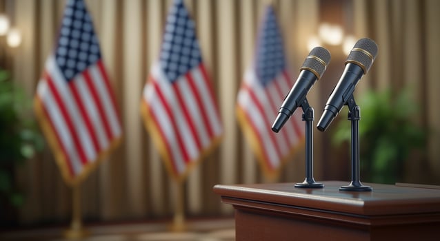 Press conference setup with microphones and American flags in the background photo