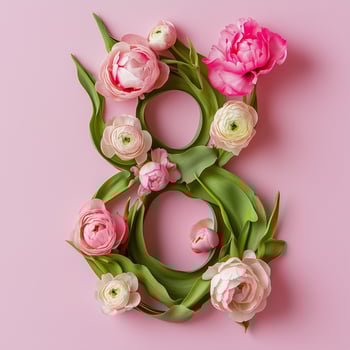 Floral arrangement featuring the number eight made with pink flowers and green leaves photo