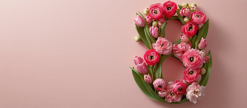 Floral arrangement shaped like the number 8 on a pink background for celebration or decoration photo