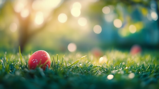 Colorful Easter egg hidden in green grass during a sunny spring afternoon photo