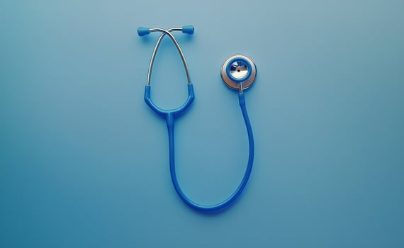 Health care tool displayed on a blue background showcasing the stethoscope design and color photo