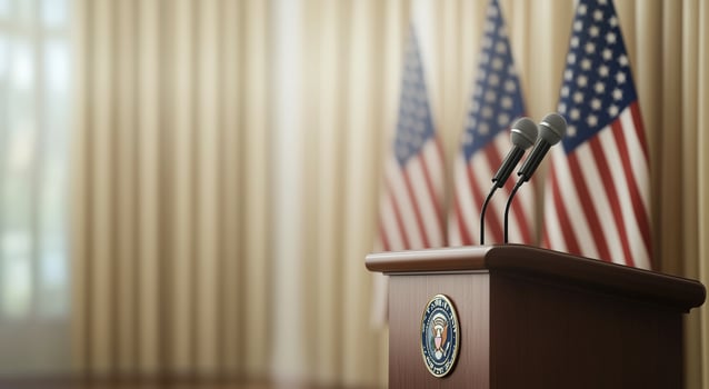 Presidential podium with flags in a formal setting before a press conference photo