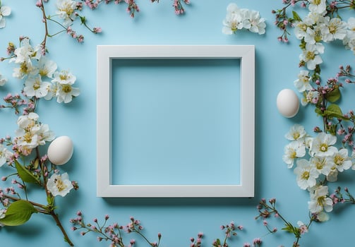 Decorative arrangement with flowers, eggs, and an empty frame on a blue background for spring celebration photo