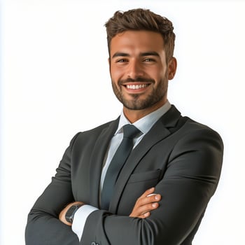 Confident man in a suit smiling with arms crossed in a bright setting photo