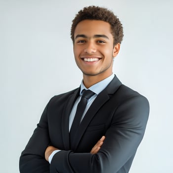 Young professional in a suit smiles confidently while standing against a plain background photo