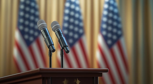 Microphones ready for a press conference in front of American flags photo