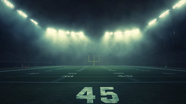 Spectacular lighting illuminates a football field during nighttime game preparations photo