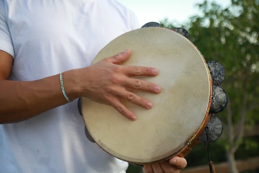 Joyful Tambourine Beats in Rolling Countryside photo