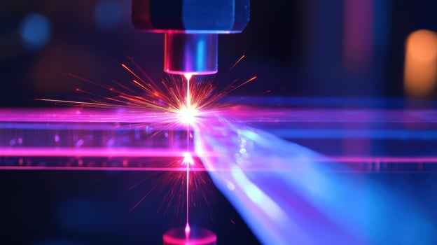 Laser engraving machine cutting glass material with sparks and light reflections photo