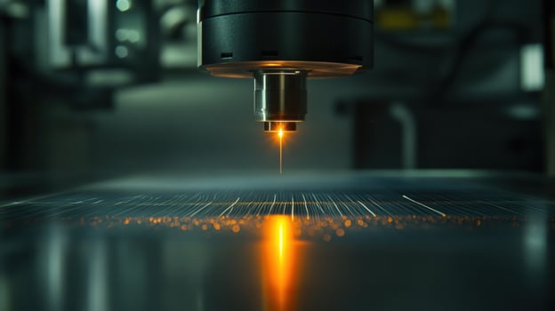 Industrial laser cutter engraving metal surface in manufacturing plant photo