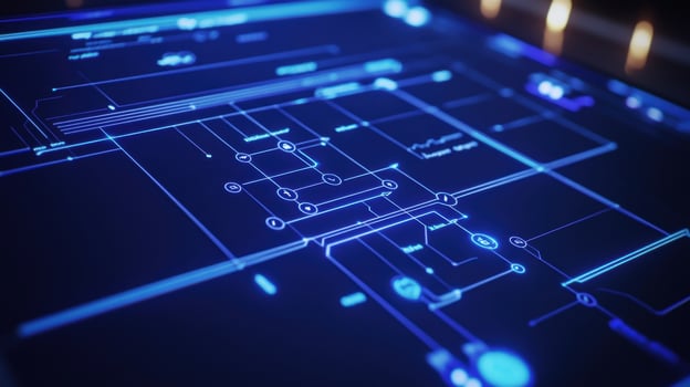 Futuristic manufacturing control panel showing performance data and statistics photo