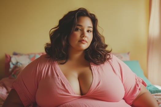 Comfortable indoor portrait of a woman with curly hair wearing a pink top, relaxing in a cozy bedroom in soft afternoon light photo