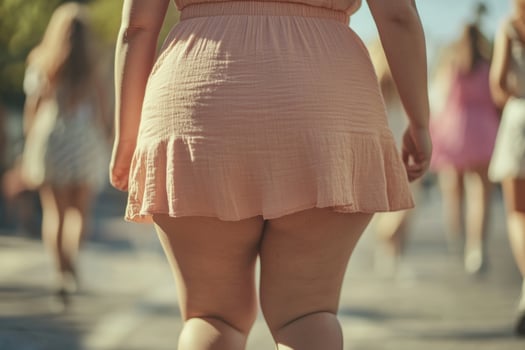 A group of women wearing summer dresses walking on a sunny day in a vibrant outdoor market. The problem of excess weight in society photo