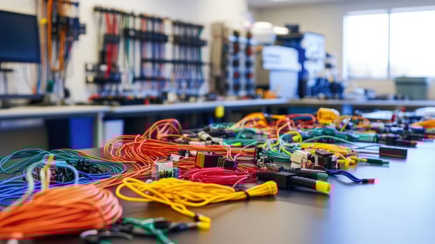 Colorful electrical wires and components laying on workbench in manufacturing facility photo