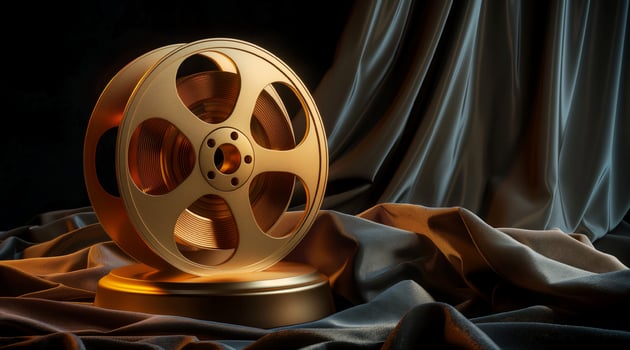 Golden film reel on a black background photo
