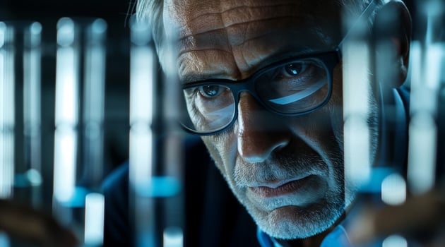 An older man in glasses looking at a test tube photo