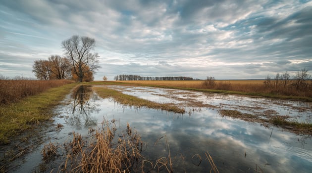 A puddle in a field with trees and sky photo