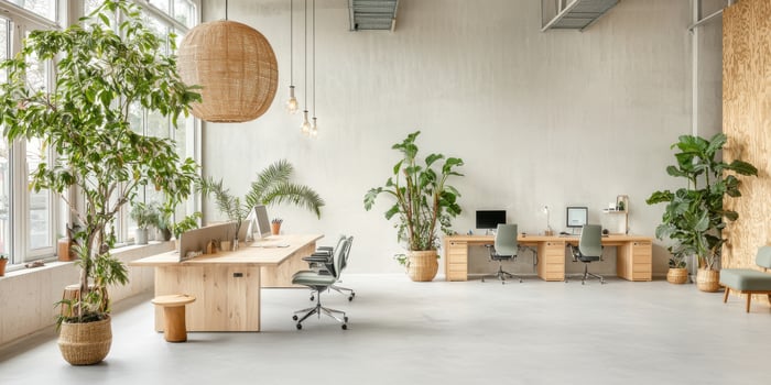 bright coworking space featuring natural light, plants, and wooden furniture photo