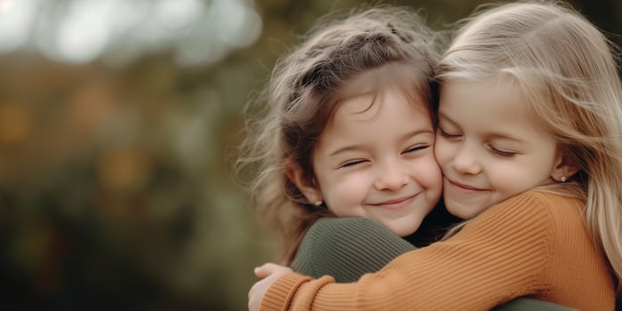 two young girls embracing with joyful smiles outdoors. friendship day photo