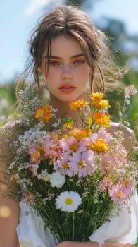 A beautiful young woman holding a bunch of flowers photo