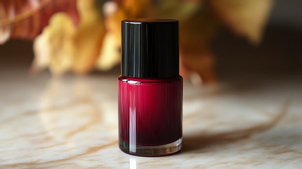 A bottle of red nail polish on a marble table photo