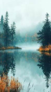 A lake surrounded by trees and fog photo