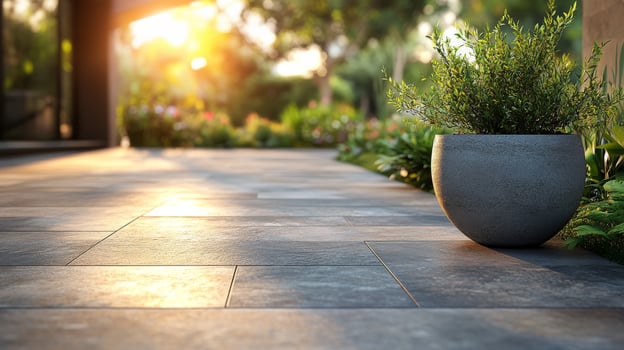 A gray planter on a patio with sunlight shining through the window photo