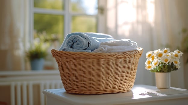 A basket with folded clothes and a vase of flowers on a table photo