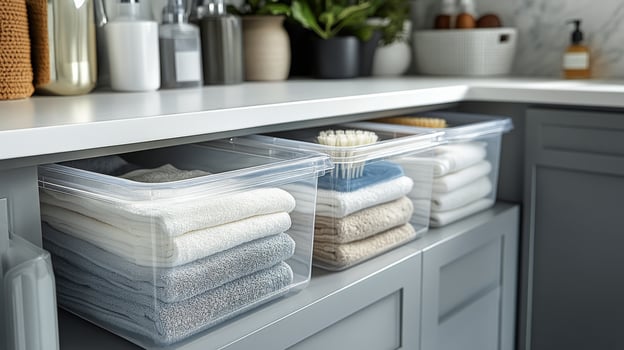 A kitchen counter with towels and a sink photo