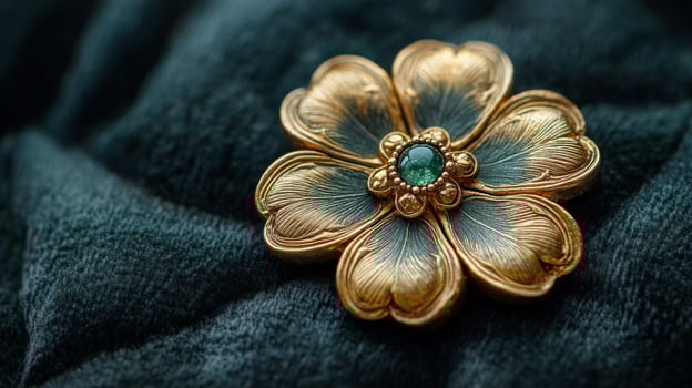 A gold flower brooch with emerald stones photo