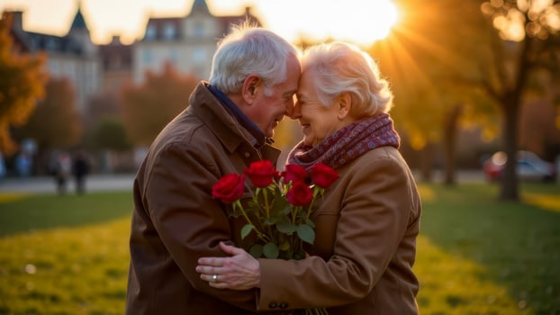 Romantic senior couple exchanging roses in a park at golden hour photo