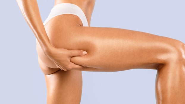 Bodycare Concept. Closeup cropped profile side view of young fit lady massaging pinching her buttocks and thigh, examining cellulite, wearing white panties isolated on blue studio background, banner photo