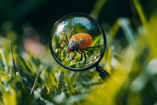 Tick magnified through a lens in fresh green grass photo