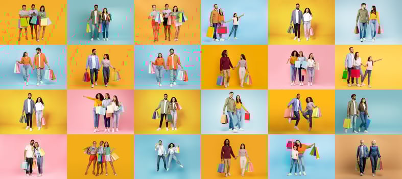 A vibrant collage showcases diverse individuals shopping, carrying colorful bags and enjoying discounts during a festive sale. This collection captures the excitement of consumerism. photo