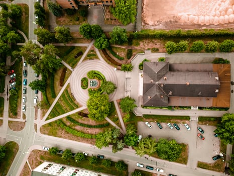 Aerial View of Symmetrical Park with Central Plaza and Urban Surroundings photo