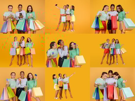 A group of three friends excitedly shop and share their purchases during Black Friday sales. They display colorful shopping bags and celebrate their deals in a fun, bright setting. photo