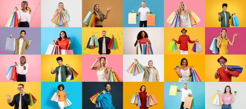 A diverse group of people showcase their shopping finds in a colorful collage, highlighting the excitement of Black Friday discounts and consumerism in a festive atmosphere. photo