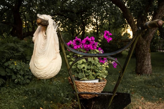 Vintage Wheelbarrow with Purple Flowers in a Garden Setting photo