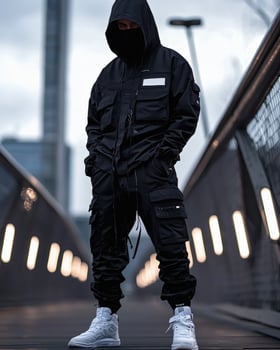 Man in black cargo pants and jacket on modern bridge photo