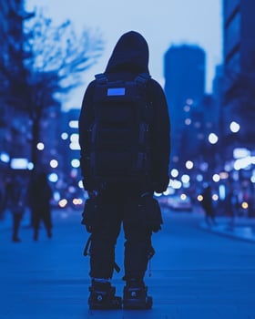 City night urban backpacker exploring twilight streets photo