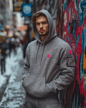 Man in grey hoodie, urban alley, graffiti background, fashion shoot photo