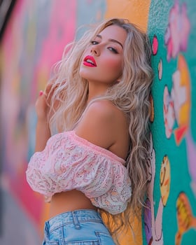 Blonde woman posing urban wall, colorful graffiti background, fashion photoshoot photo