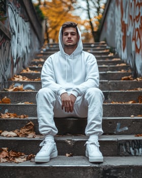 Man in white hoodie sits on autumnal urban stairs photo