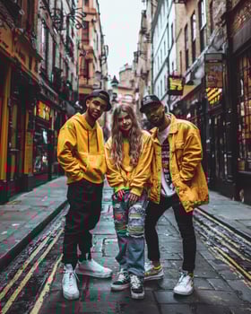 Stylish trio poses in London alley urban backdrop, music group promo photo
