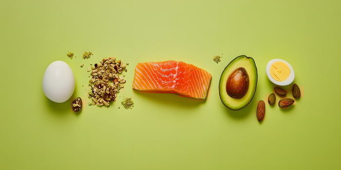 Healthy Food Flatlay Illustration Green Background Salmon Egg Avocado Nuts photo