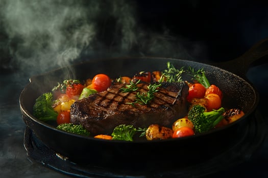 Sizzling Steak and Roasted Vegetables in Cast Iron Pan- A Realistic Food Image photo