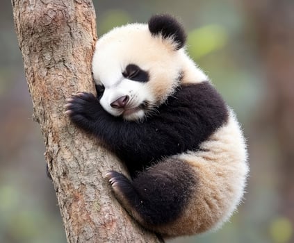 A cute panda cub sleeping on a tree photo
